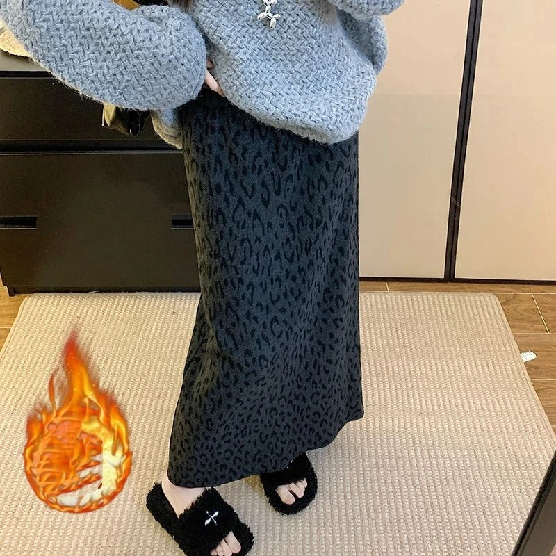 Women Leopard Print Long Half Skirt Winter Fleece Lined Thickened Slim Fit Versatile Fashion Simple Skirt M4XL