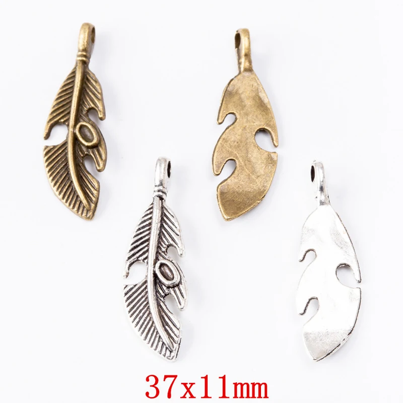 50pcs 37*11MM Zakka Style Wedding Creative Gift Alloy Feather Leaf Jewelry, Vintage Classic Handmade Diy Sweater Necklace Pendan