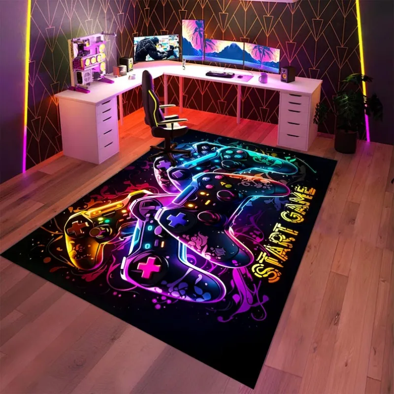 Neon Glow Game Controller Area Rug Colorful Gaming Joystick Print Non Slip Floor Carpet for Game Room Home Decor