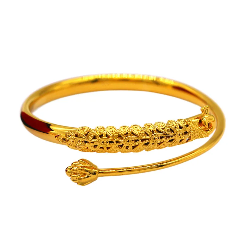 Pulseira de imitação feminina, elegante dourado noiva decoração do casamento, personalizado gravado pavão Lotus pulseira, novo estilo