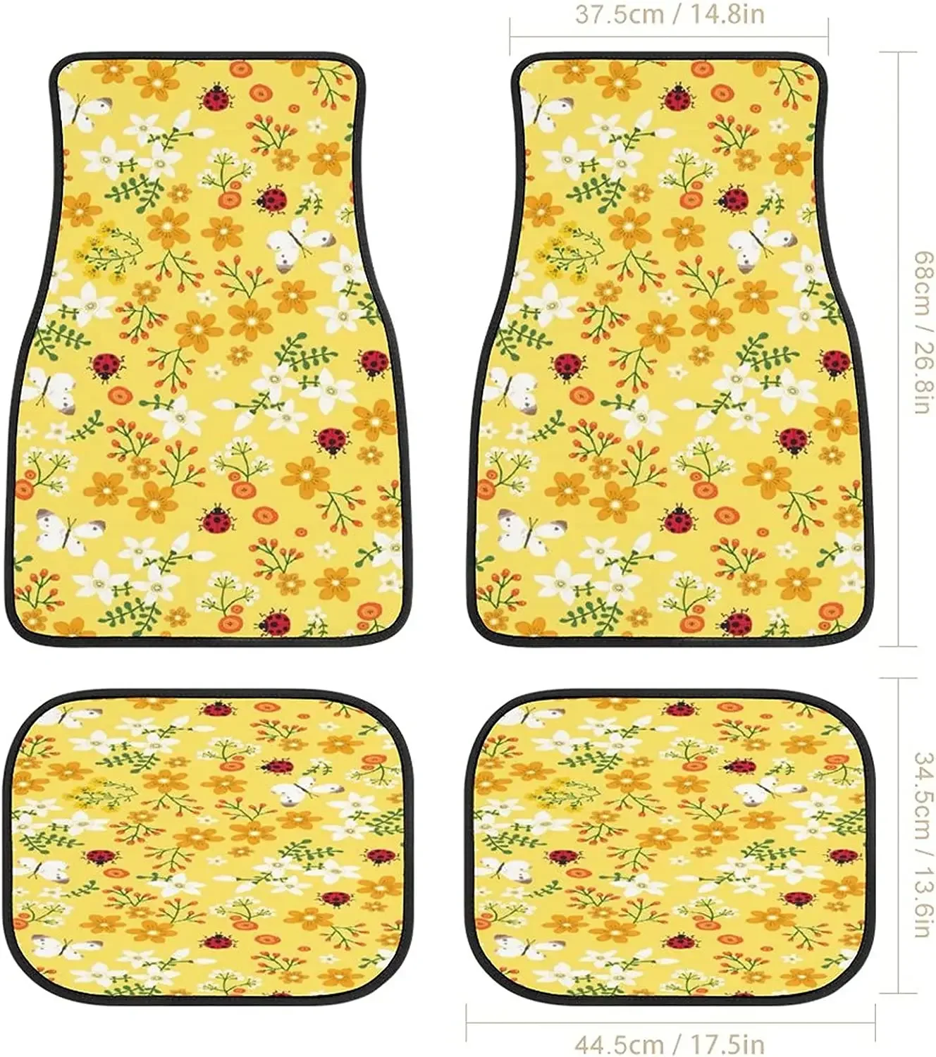 Yellow Floral Plants Bikini Car Mats Front&Rear 4-Piece Full Set Carpet Car SUV Truck Floor Mats with Non Slip Back