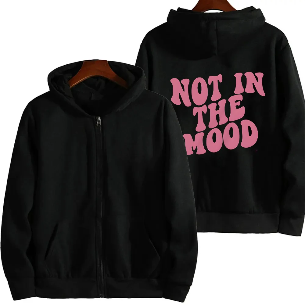 Not in The Mood Pink Letter Print Zip Up Hoodie Women Fashion Street Hip Hop Streetwear Hoodie Oversized Fleece Clothing