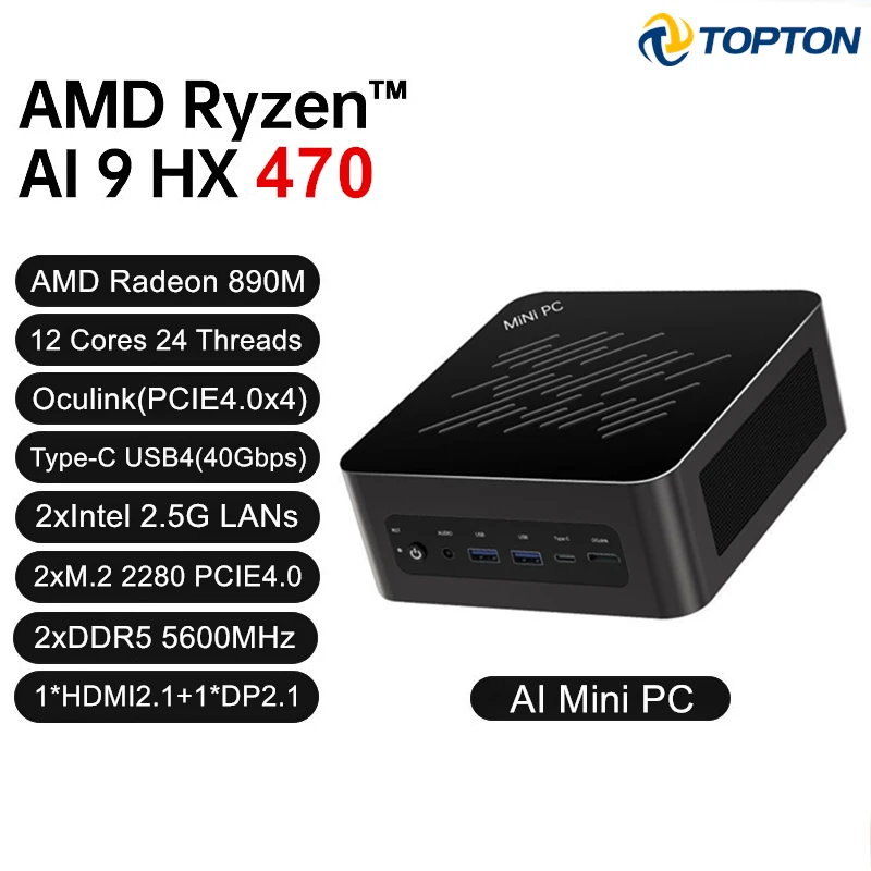Mini PC de jeu Topton AI OCulink AMD Ryzen AI 9 HX 470 370 365 USB4 2x2.5G LAN 2xNVMe Windows 11 Mini ordinateur en métal OpenClaw