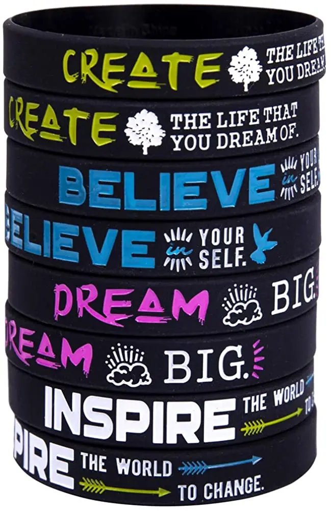 (12-Pack) Motivational Quote Bracelets Silicone Rubber Wristbands Inspirational Gifts and Party Favors