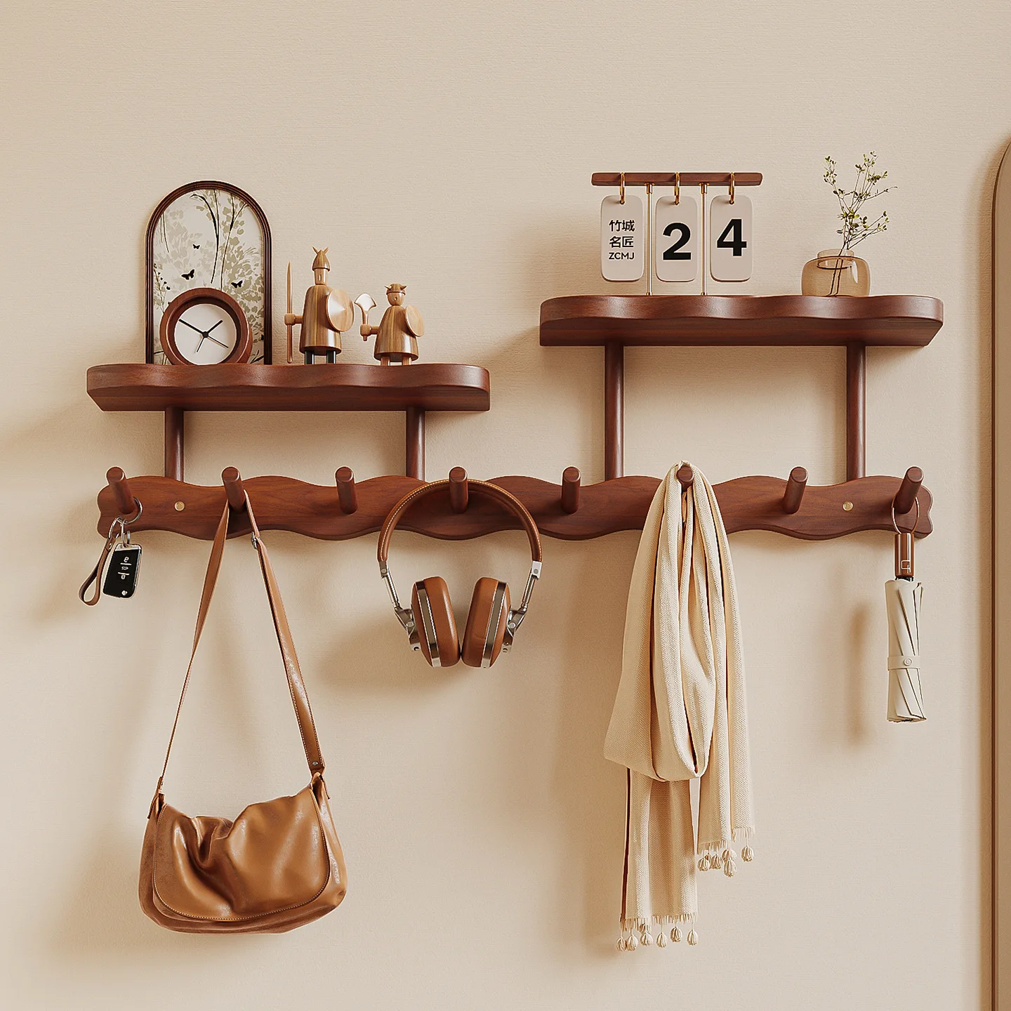 HYS wall-mounted solid wood hanger wall non-punching door back hook bedroom entrance multi-functional row hook coat rack