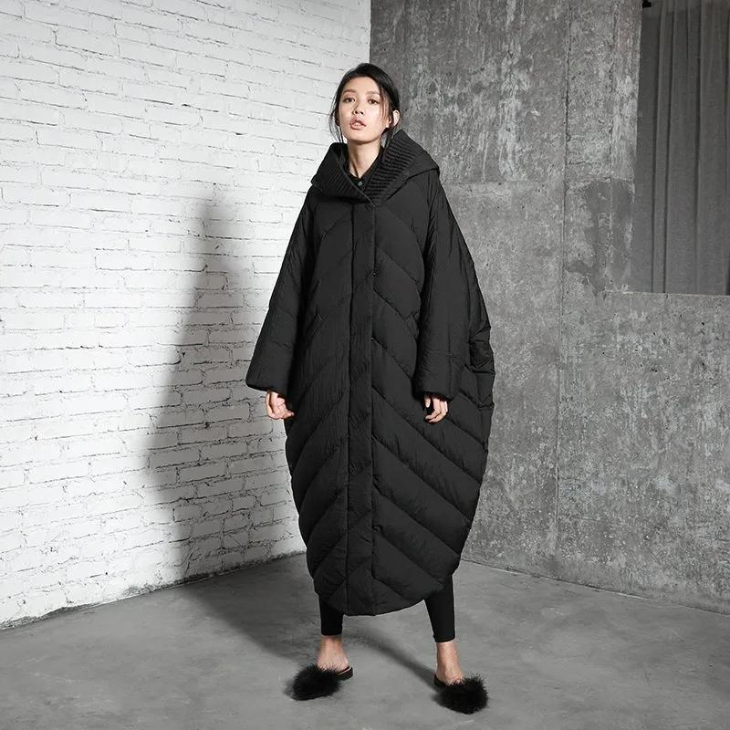 Women's Autumn/Winter Down Jacket Batwing White Duck Down Hooded Long Length Plus New Thick Warm Comfortable Loose Casual Design