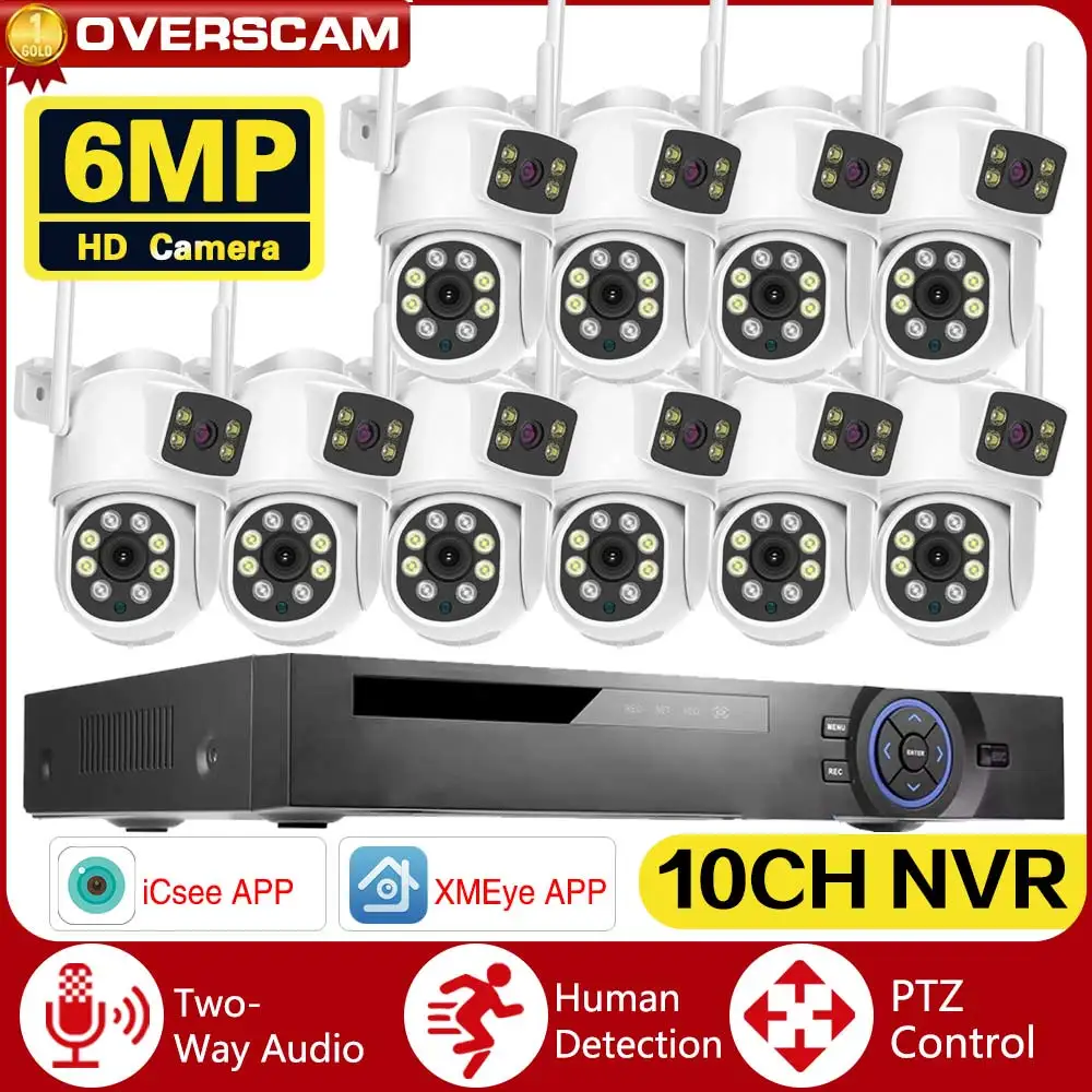 듀얼 렌즈 보안 와이파이 PTZ 카메라 시스템, 10CH 8MP 라이트 HD 비디오, H.265 + POE NVR, 6MP 돔 홈 CCTV 감시 카메라 키트