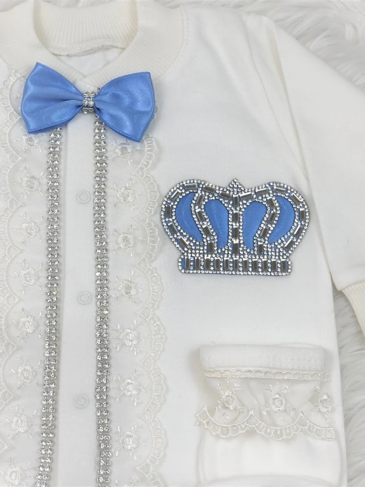 Lace Trim Rhinestone Crown Baby Footed Romper Newborn 0-9 Months 4Pcs White Royal Blue Satin Bow Royal Jumpsuit Gift