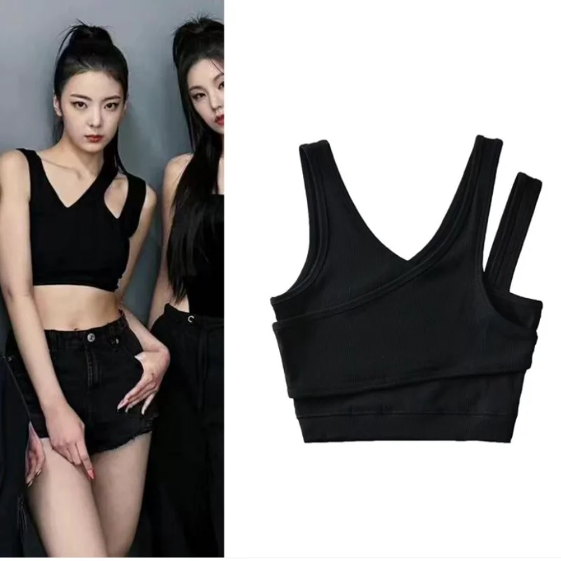 New Kpop Women Group Crop Top Outfit Off Shoulder Slim Vest Dancer Outfit Black Jazz Dancewear Ladies Sexy Nightclub Rave Wear