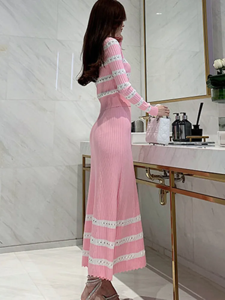 New Korean Fashion Casual Striped Knitted 2 Piece Set Women Sweater Cardigan Tops + Long Skirt Sets Female Sweet Two Piece Suits