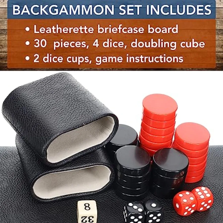 Backgammon-set met elegante zwarte kunstleren koffer 21 x 12,5 inch. Gesloten; 25 x 21 inch. Open Ideaal voor Familiespelavonden Volwassen Bo