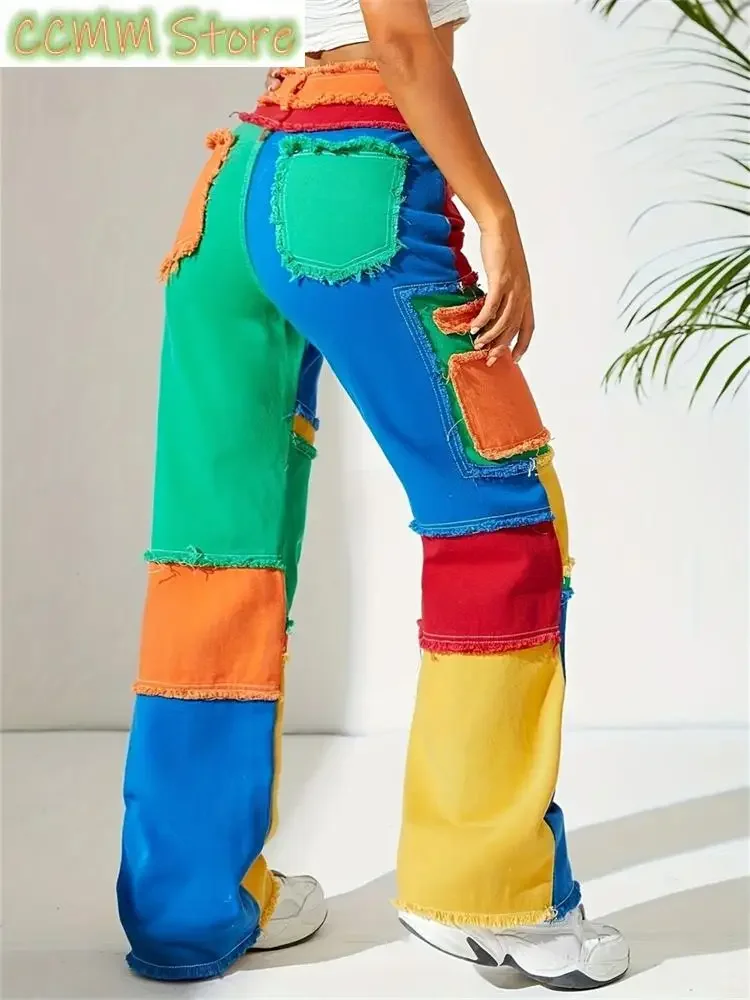 Women's Multiple Color Stitching Burrs Straight Jeans Cool Girl High Waisted Streetwear Fashion Pants Female Denim Trouser