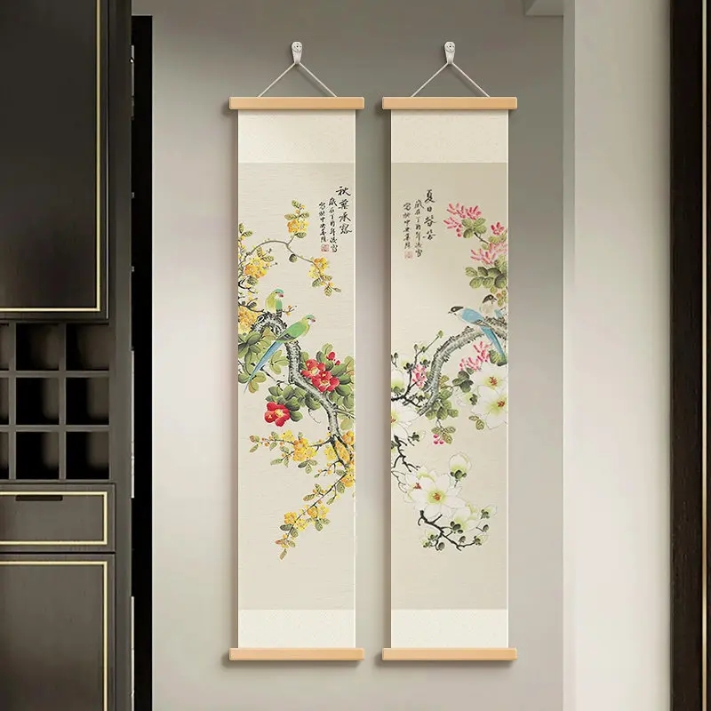 Wall Art Plum Orchid Bamboo Chrysanthemum Botanical Scroll Design on Pearlescent Canvas with Wooden Rods for Tea Room