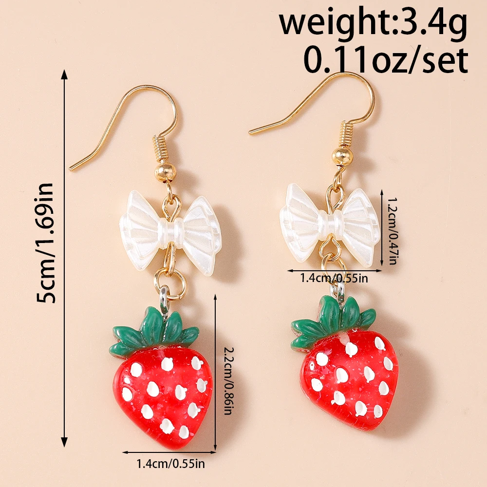 Aihua Koreanische Harz-Ohrringe mit Schleife und Erdbeere für Frauen und Kinder, Simulierte Frucht-Hängeohrringe, Geburtstags-Schmuck-Accessoires – Detail 6