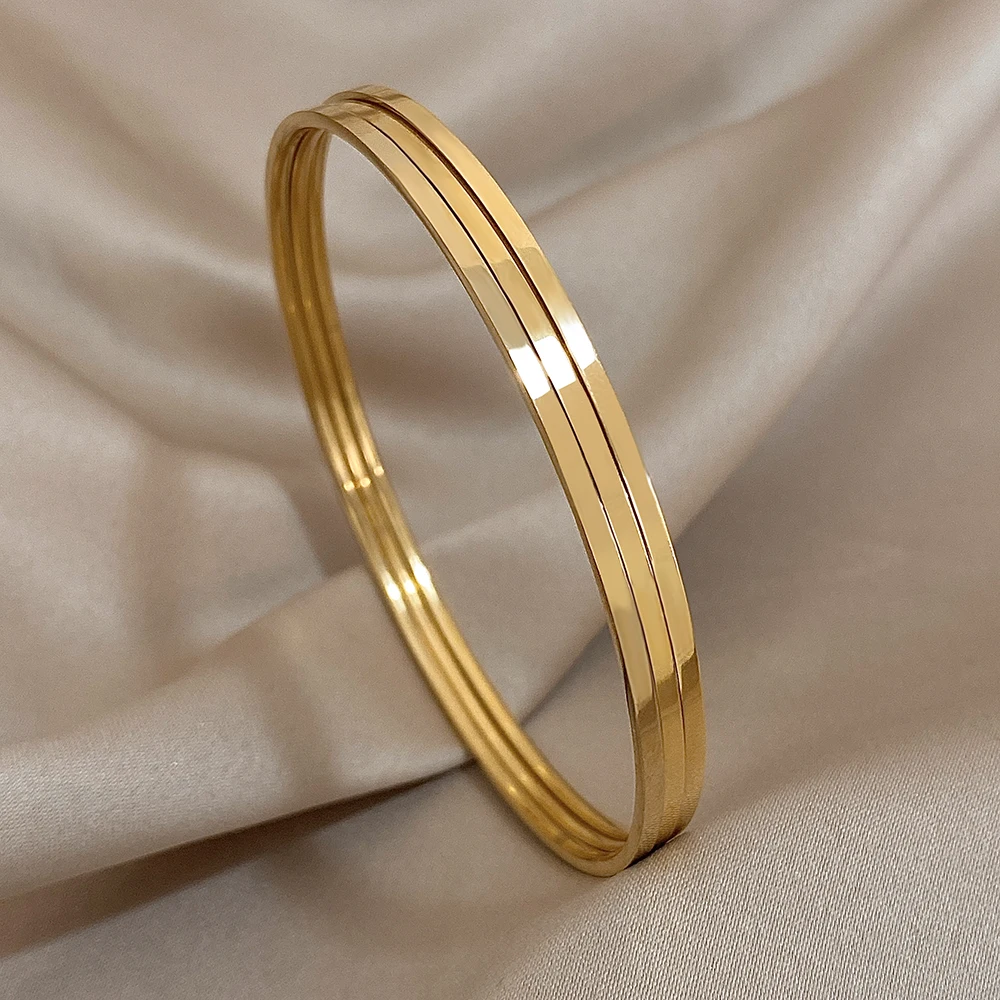 Greatera 3 Stück/Set 2 mm dünne Armreifen aus Edelstahl für Damen, vergoldet, stapelbares Armband, wasserdichter Schmuck