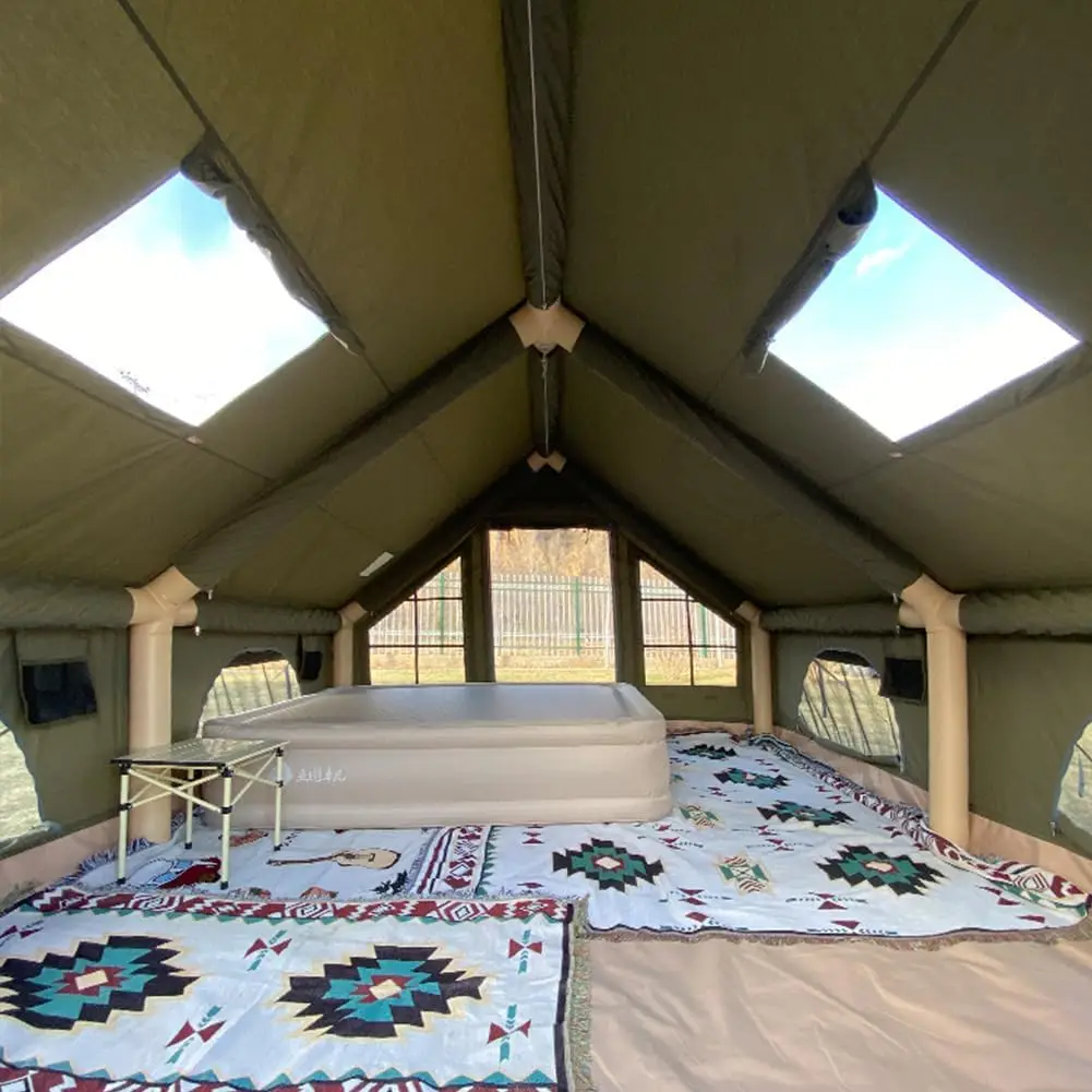 129 SqFt2 خيمة تخييم قابلة للنفخ باللون الأخضر العسكري مع قماش القنب، خيمة هوائية 4 فصول مقاومة للماء مع حصيرة نزهة وبطانية حريق #4