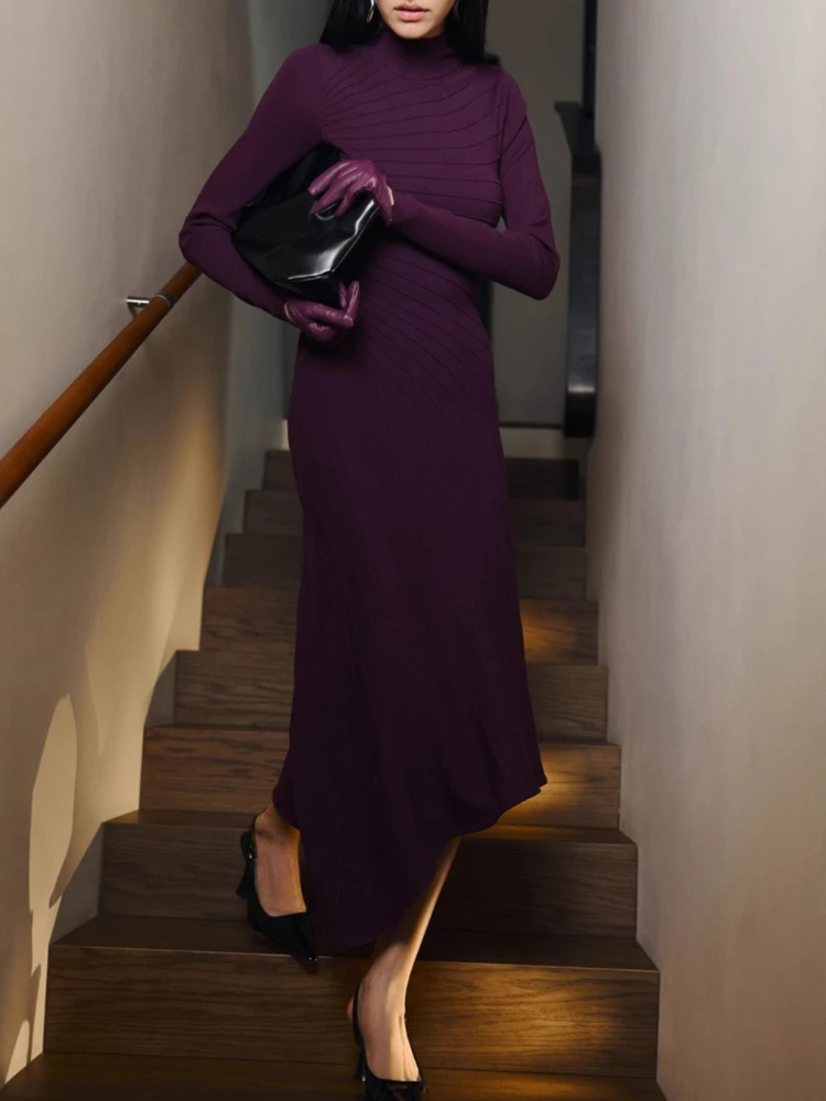 토시 패션 니트 비대칭 맥시 드레스 여성용 플리츠 솔리드 하이웨이스트 하프 하이 칼라 가을 니트웨어 여성 맥시 드레스