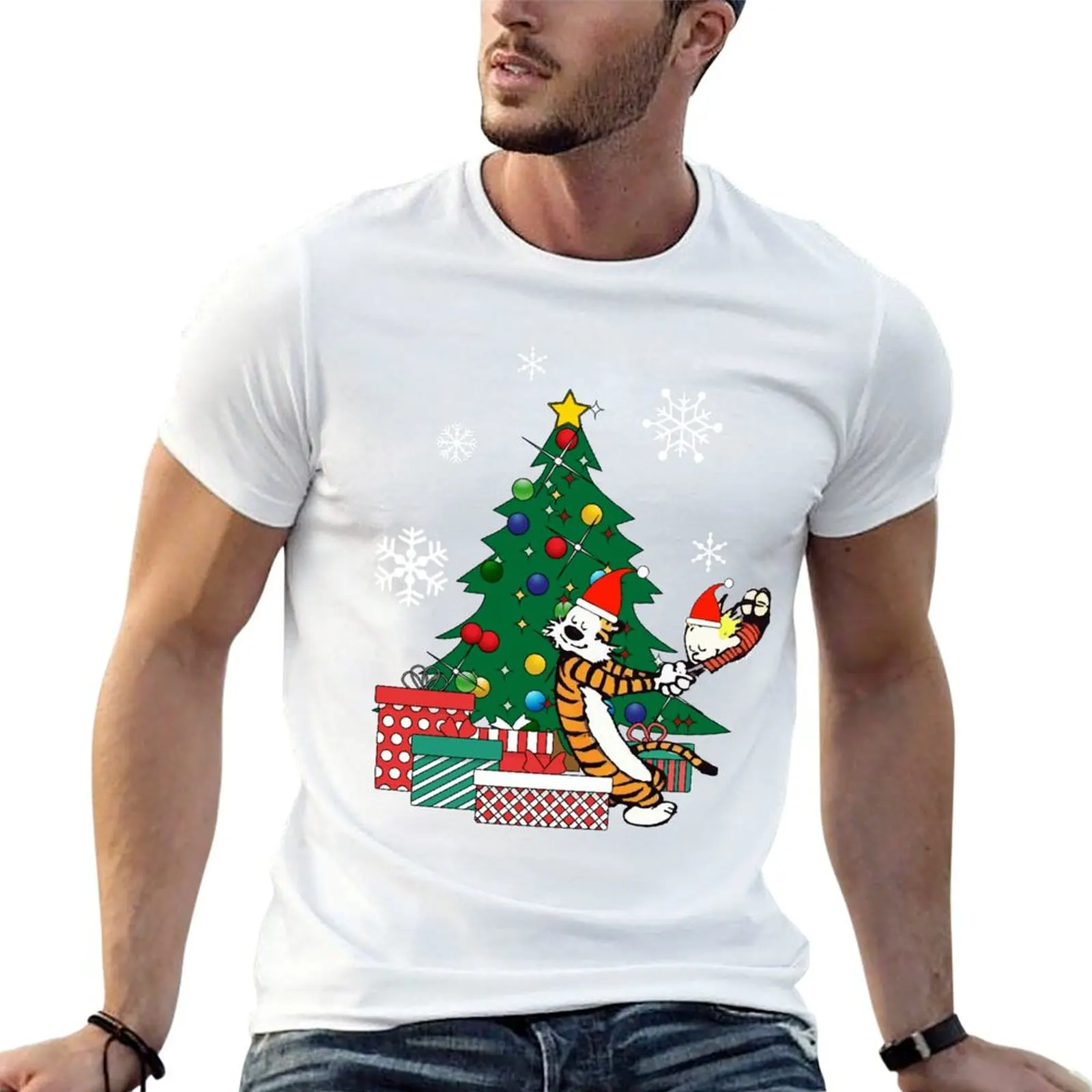 Calvin And Hobbes Around The Christmas Tree T-Shirt t shirt man designer t shirts for man cotton man graphic t shirt T-shirt