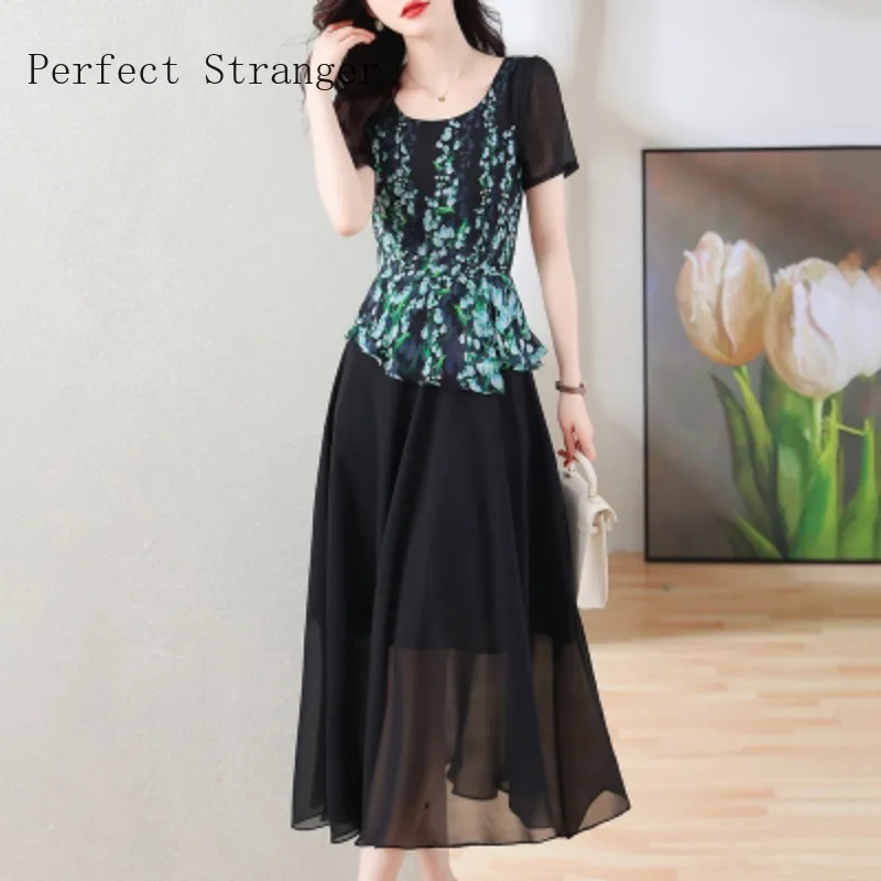 High Quality 2024 Summer New Arrival Elegant Round Collar Short Sleeve  Flower Printed Flare Sleeve Women Chiffon Long Dress