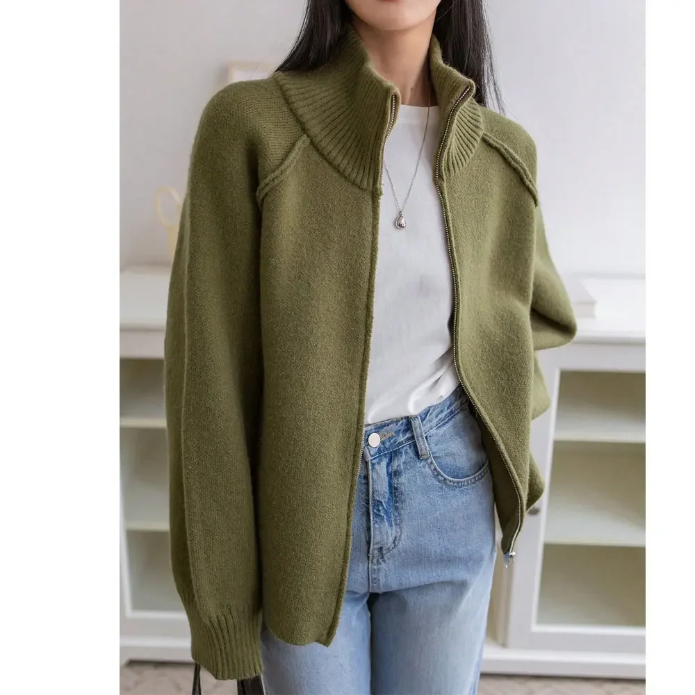 

2025 Women Stand Collar Long Sleeve Sweater Coat Zip Design Thick Knitted Cardigans Clothes Tops For Women Sweater