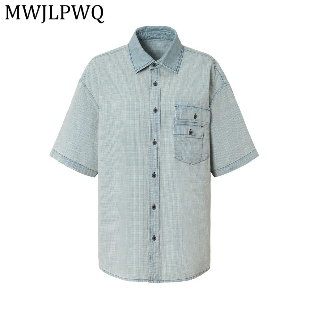 

MWJLPWQ Street-Style Vintage Washed Men's Denim Shirt Short-Sleeve Loose Casual Summer Design Pockets Turn-Down Collar Top 13573