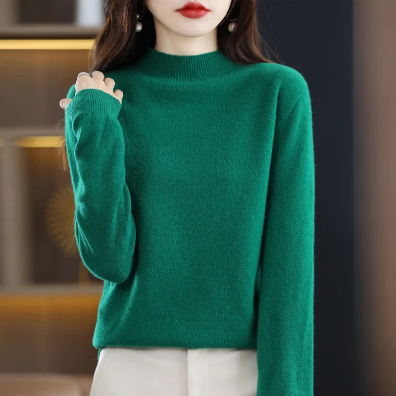 Autumn Winter New Women's 100% Wool Sweater Cashmere Half-high Collar Pullover Wild Pure Color Casual Fashion Long Sleeve Tops