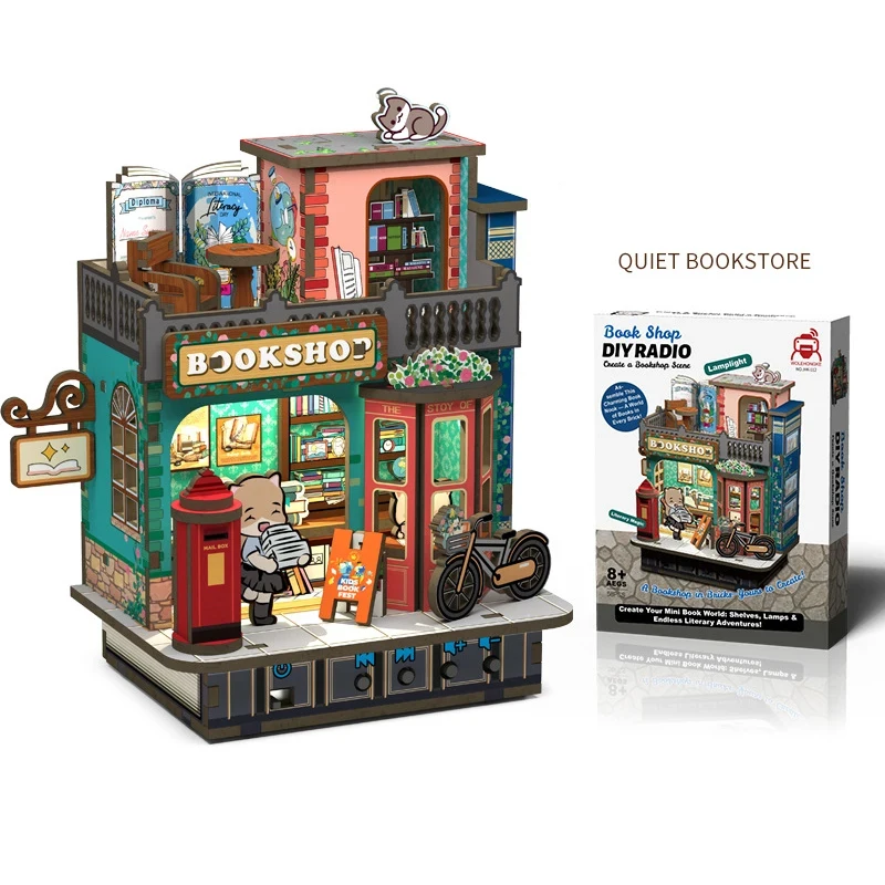 New Cute Bookstore Music Box  Wooden Dollhouse Miniature with Furniture Kit DIY Assemble Toy for Child Adult Birthday Gift Casa