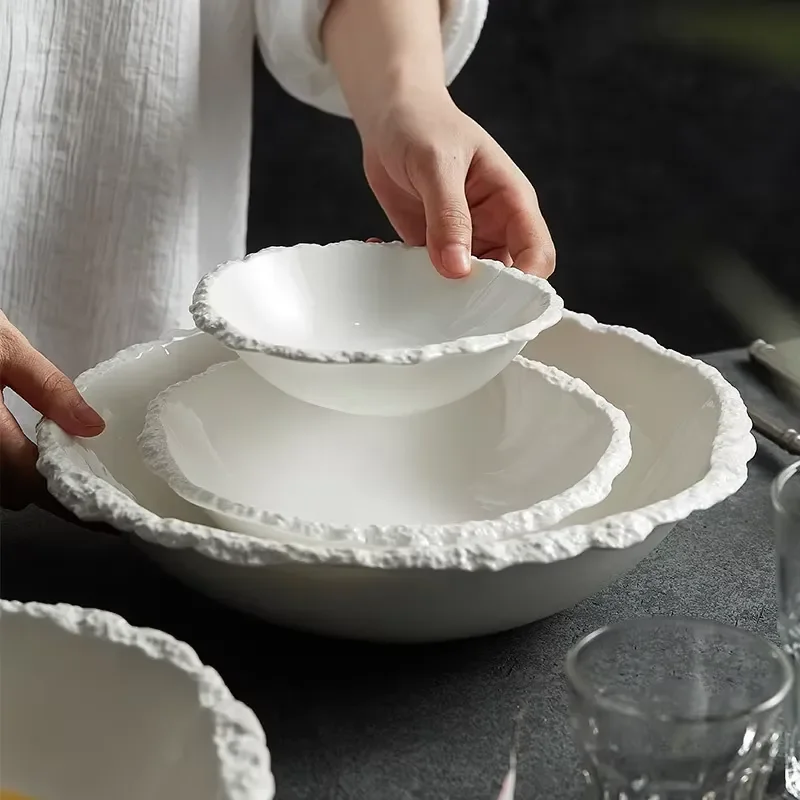 White Porcelain Tableware Set for Restaurant Hotel Kitchen Dishes Including Dessert Salad Soup Fruit Service Ceramic Bowl