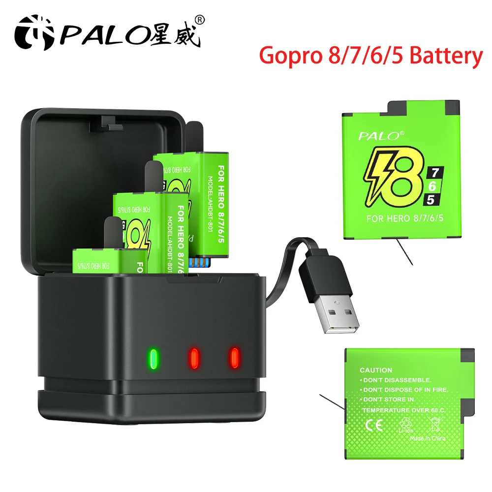 

PALO GoPro 8 7 Battery 1800mAh 4 Pack Gopro Hero 6 5 Batteries LED USB Type C Fast Charging Charger Go Pro 5 6 AHDBT-801 Camera