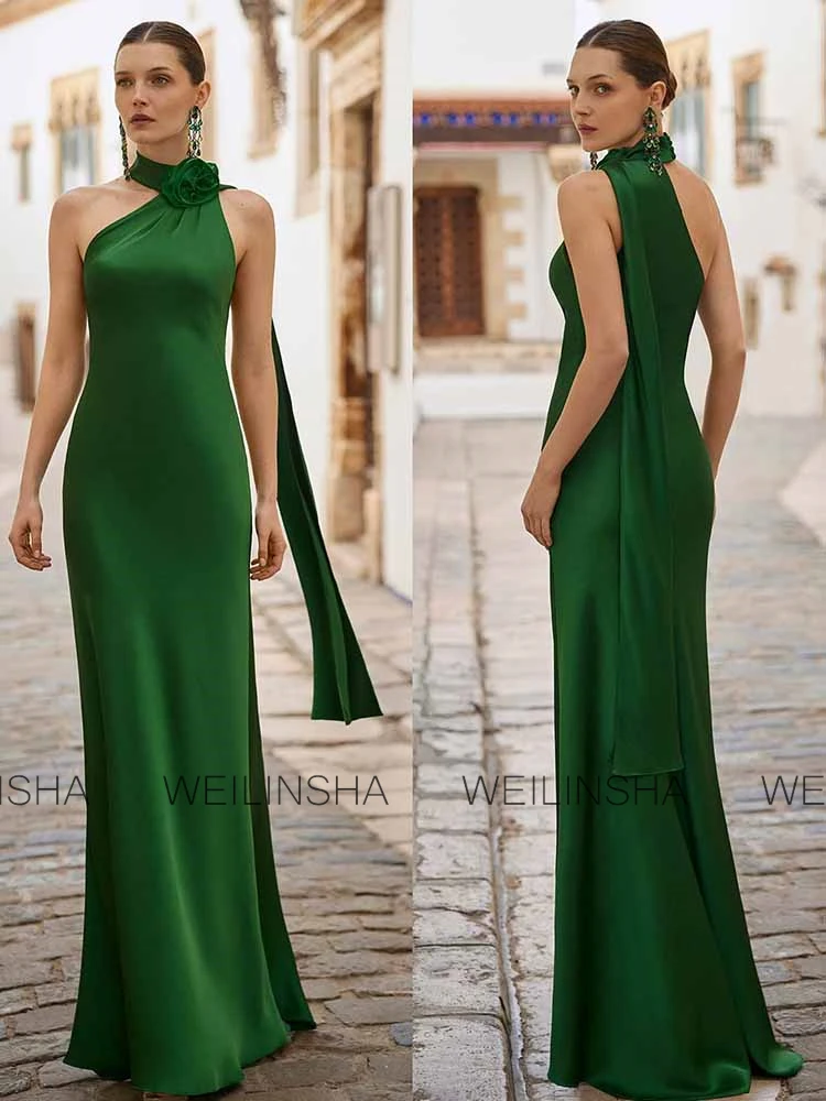 

Изысканное женское вечернее платье на заказ: атласное, фасон «русалка», для торжественных мероприятий, черно-зеленое, с высоким воротником, 3D цветами и шалью, длинное, для выпускного вечера