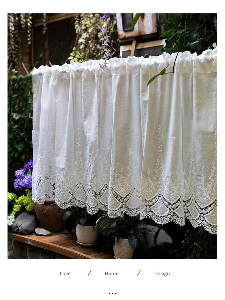 100% Cotton Hollow Flowers Short Curtains Living Room Korean Gream Lace Cloth Half Curtains for Kitchen Bookshelf dust curtain