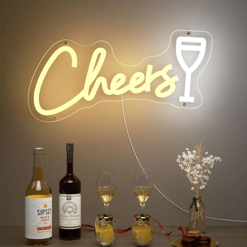 Cheers Neon Sign, Dimmable Led Light for Wall Decor, USB Powered Bar Up Signs Party Wedding Christmas Gift Valentine's Day