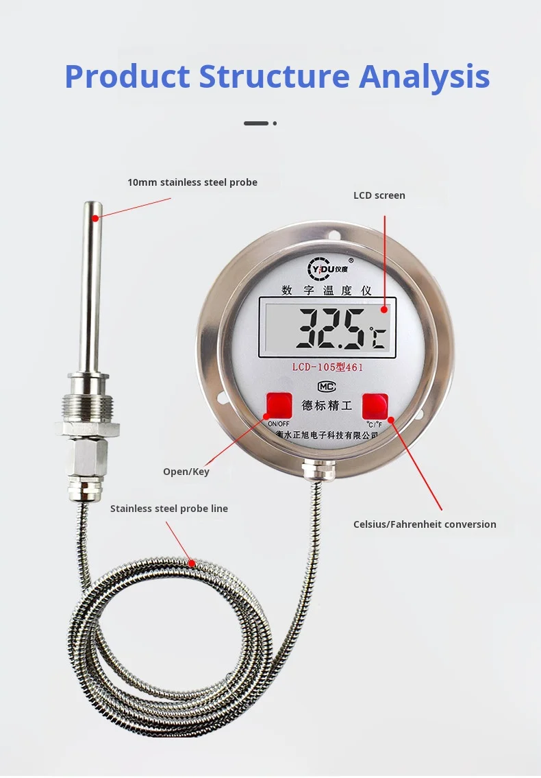 Digital thermometer Industrial stainless steel high precision with probe display sensor high temperature electronic water temper