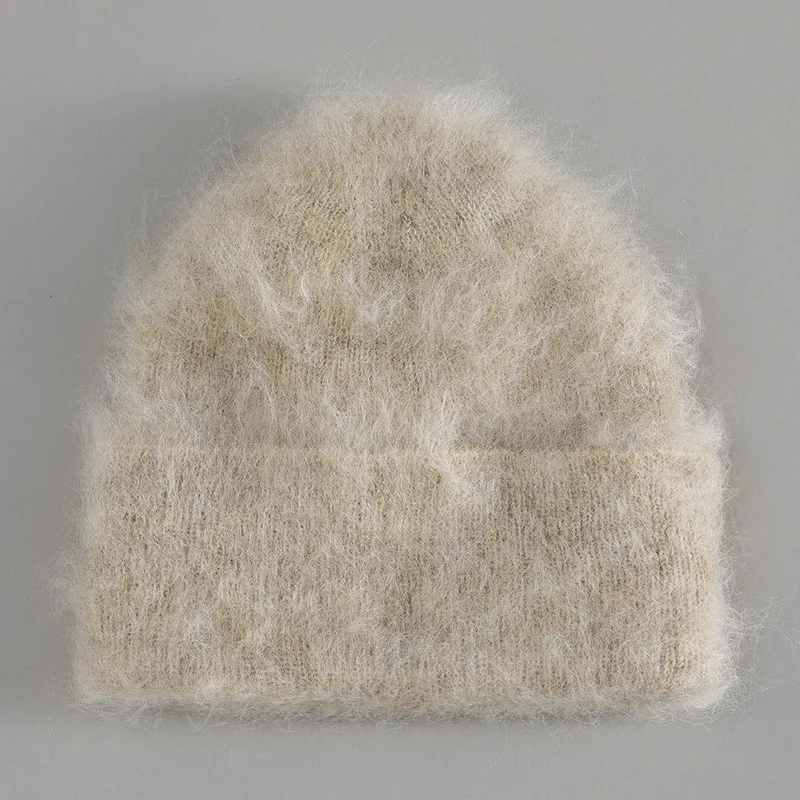 Soft Alpaca Wool Greyish Simple Versatile Knit Fleece Warm Brimless Beanie Women Hat