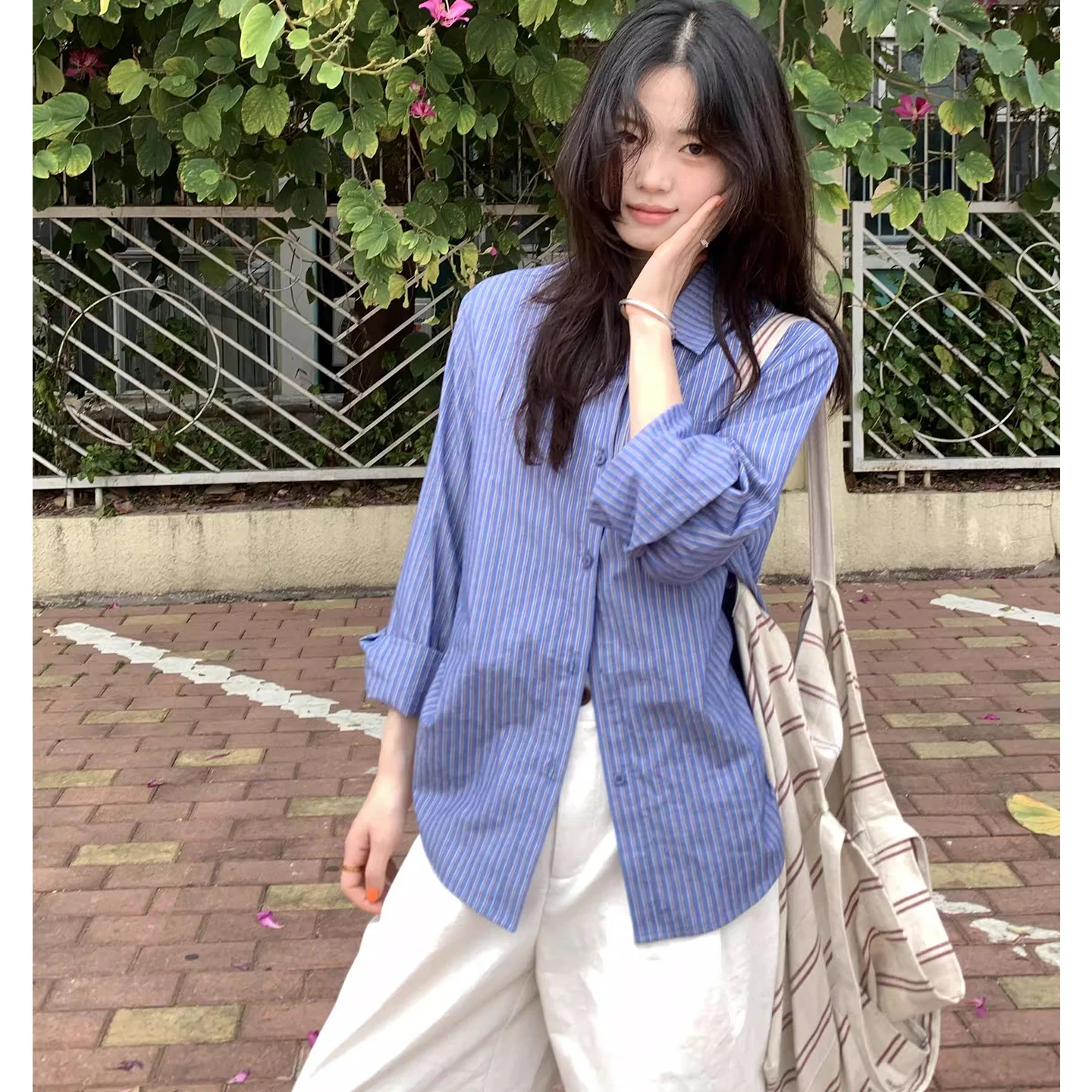 

Blue Pure Cotton Retro Striped Women's Shirt Spring Autumn 2026 New Loose Sun Protection Open Cardigan Outerwear Top