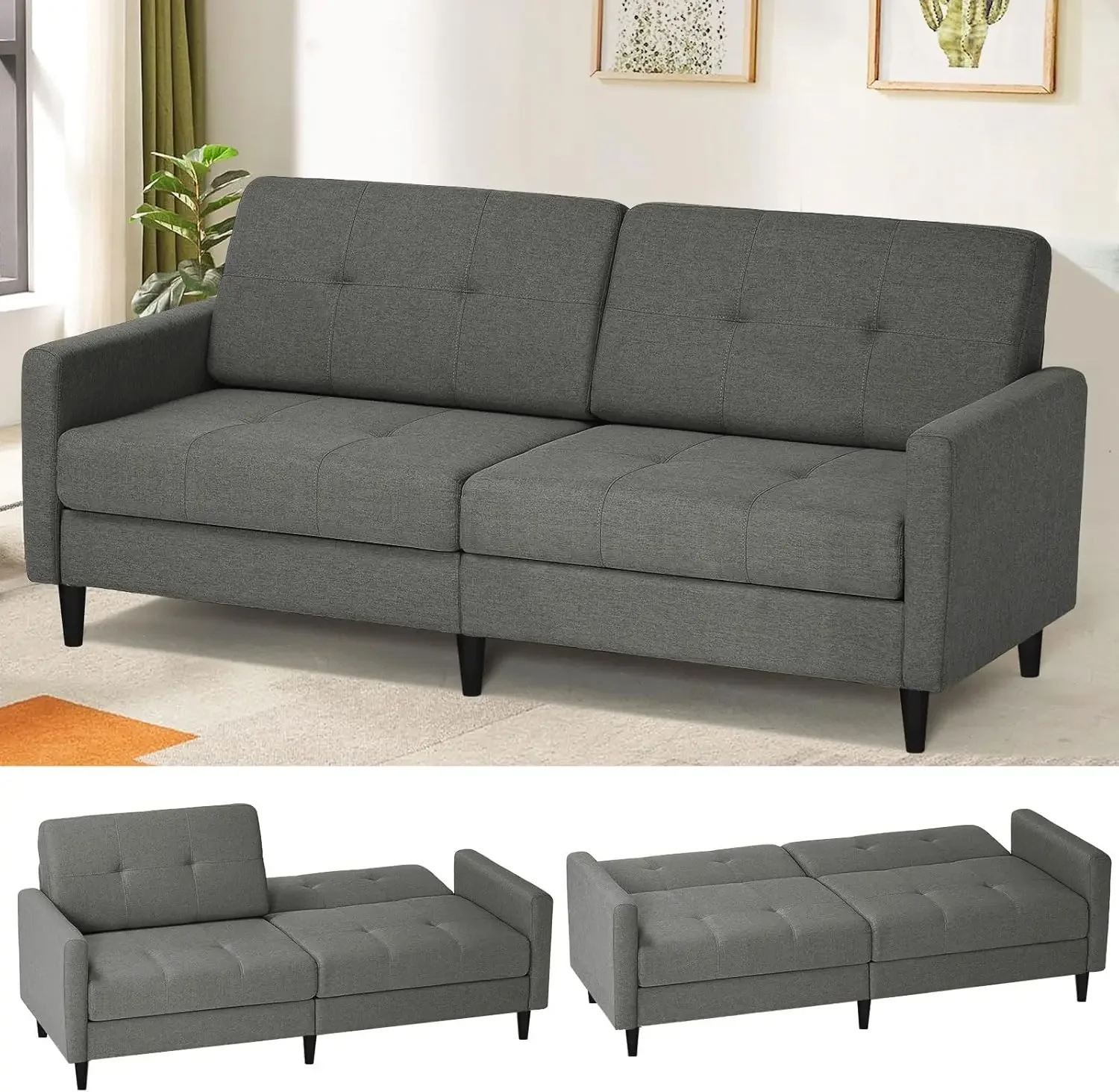 

77 Linen Fabric Sofa Bed with Adjustable Backrests, Convertible Loveseat Sofa, Modern Sleeper Couch