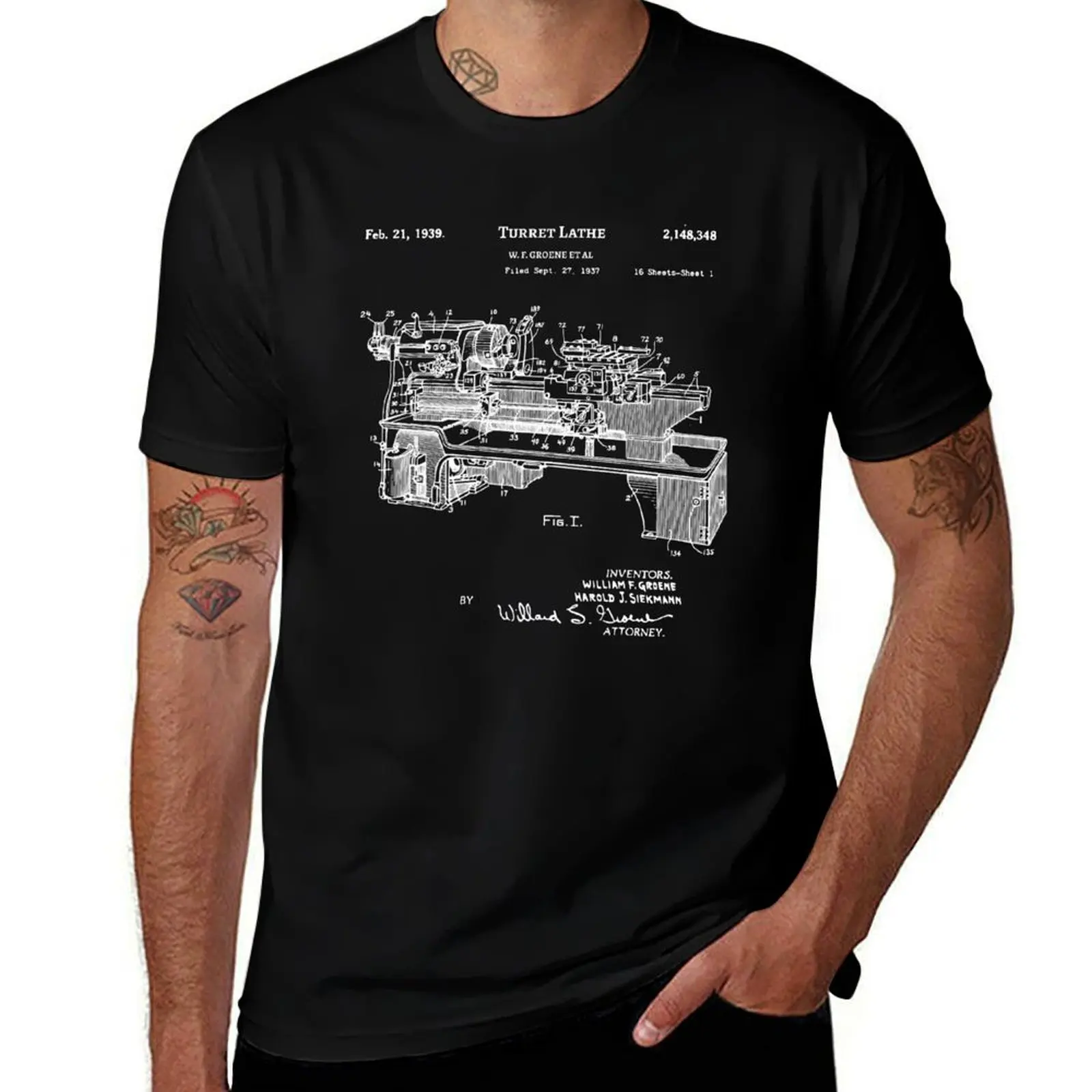 Lathe Patent 1939 Vintage Blueprint Machine Tool Inventions T-Shirt Basic Casual Short Sleeve Cotton Shirt T-Shirt