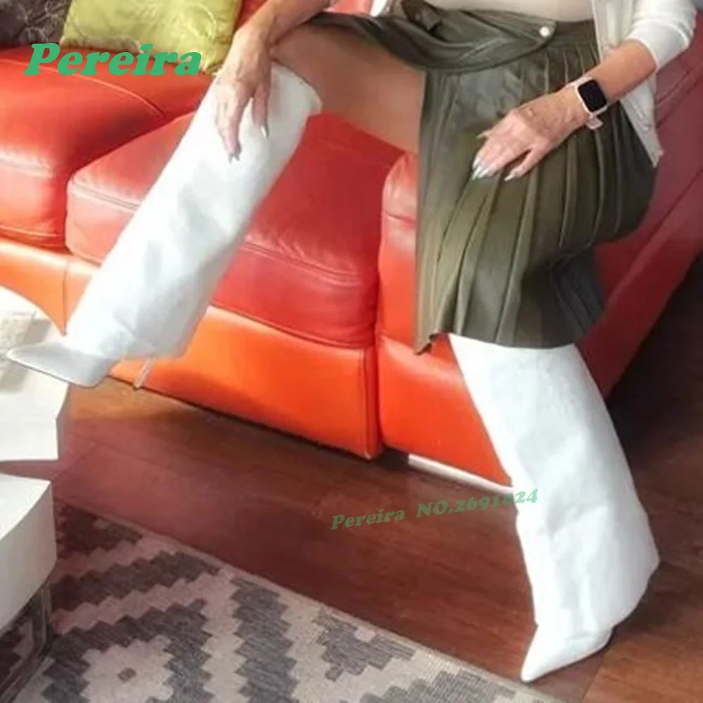 

Высокие сапоги до колена на шпильке с острым носком, белые однотонные зимние ботинки на тонком каблуке с отбортовкой для женщин, новинка 2025 года, элегантная подиумная обувь