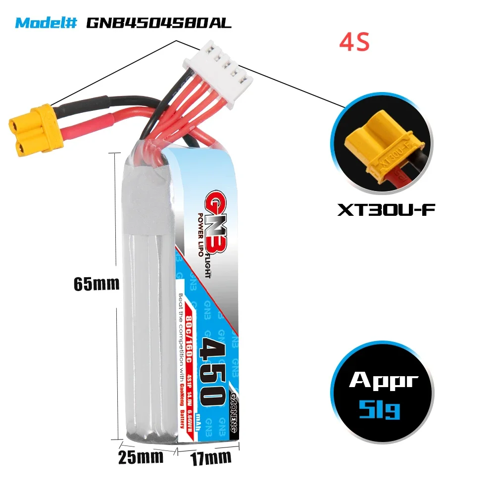 GAONENG GNB 450mAh 3S/4S/6S 80C 11.1V/14.8V/22.2V XT30 bateria LiPo typu Long Beta75X Cine Whoop Mini Micro FPV 1.6 do 2 cali