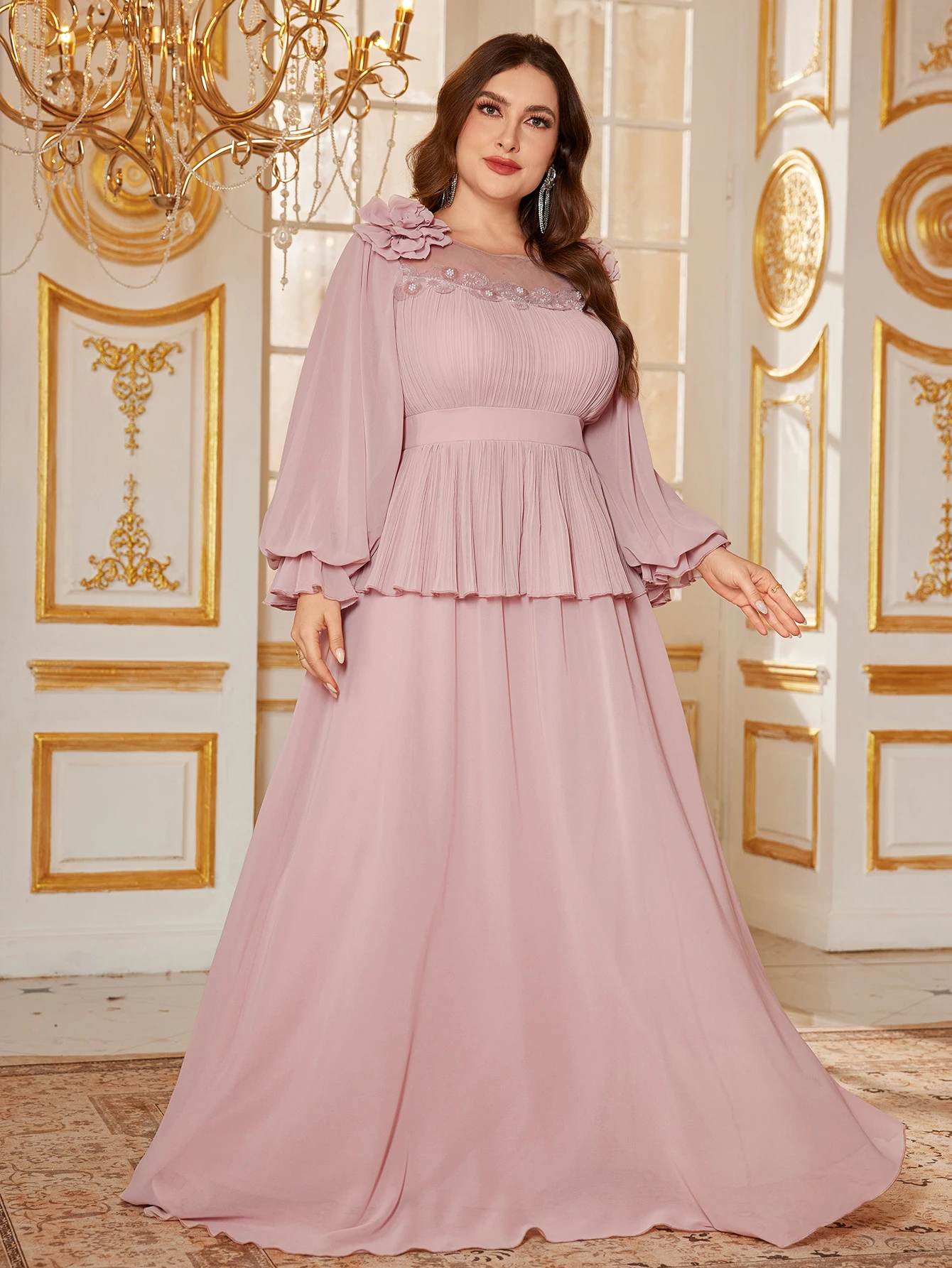 

UNITHORSE Round Neck Lantern Long Sleeve Fake Two-Piece Gown with Light Luxury Bead Splicing Pink Elegance Dress