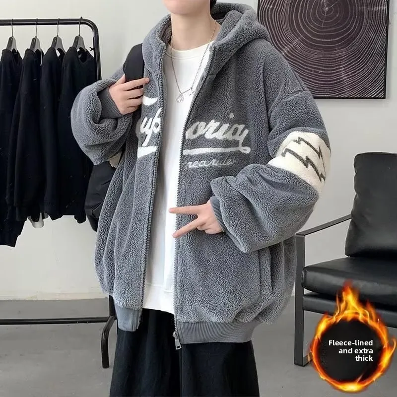 

Новинка осени/зимы 2025, мужская куртка, модное молодежное плюшевое пальто, хлопковая куртка, теплое пальто из овечьего флиса с капюшоном