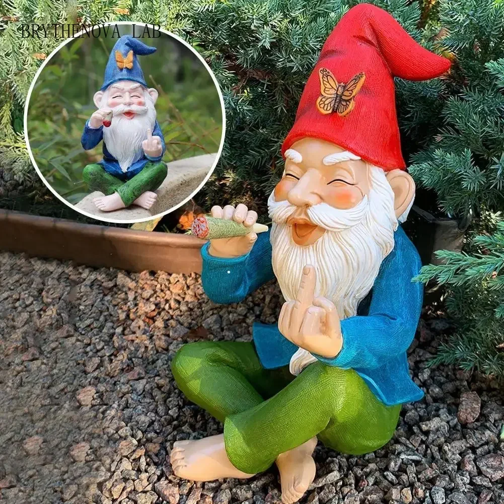 Garden Gnome Ornaments Resin Statue Figurine Smoking Finger Middle Desk Bookshelf Art Home Garden Decor