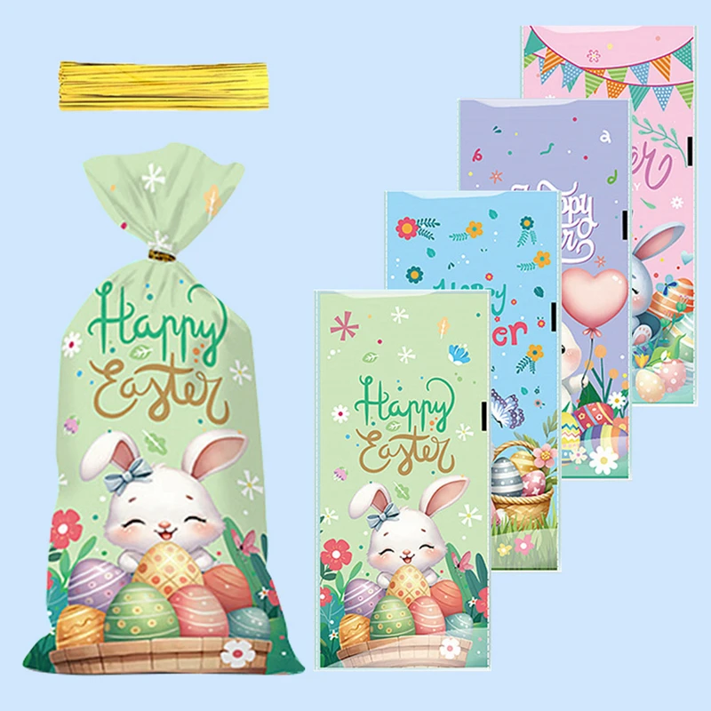 

50Pcs Easter Rabbit Candy Gift Bag Cute Bunny Eggs Cookie Dessert Packaging Bag Kids Happy Easter Party Decoration Supplies 2025