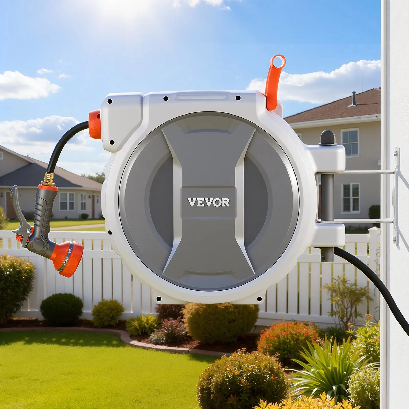 

Retractable Garden Hose Reel, 1/2 in x 100 ft, Wall Mounted Hose Reel with 9-Function Sprayer Nozzle and 180° Swivel Bracket,