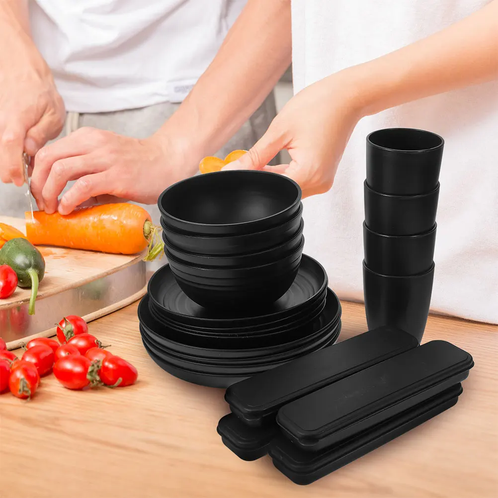 

4 set Black Dinnerware Set Reusable Camping Dishes Fork Spoon Knife Portable Tableware Easy Clean Modern Style