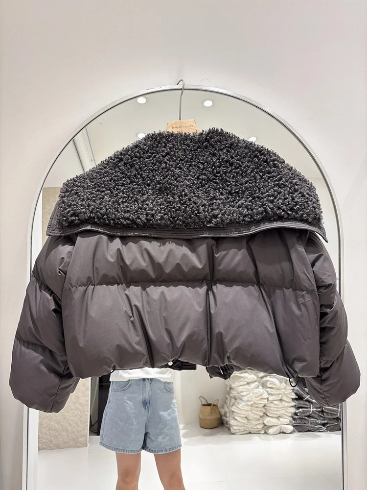 Winter new lamb down jacket women's short style cow horn buckle fashionable versatile white duck down splicing jacket