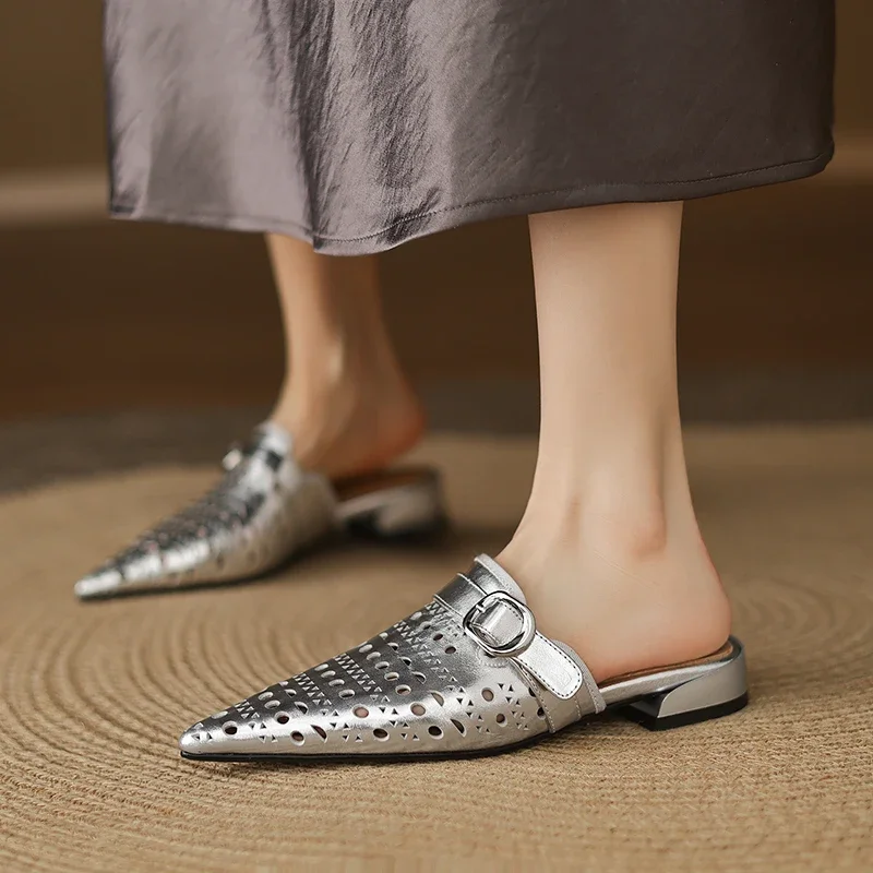 

Лето 2021, женские сандалии из натуральной кожи, размер 22-24,5 см, женская обувь из мытой воловьей кожи + свиной кожи, мюли с открытой пряжкой, полутапочки