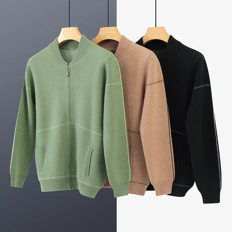Autumn And Winter 100% Wool Cardigan Men's Round Neck Solid Color Zipper Sweater Business Casual Padded Knit Bottoming Coat