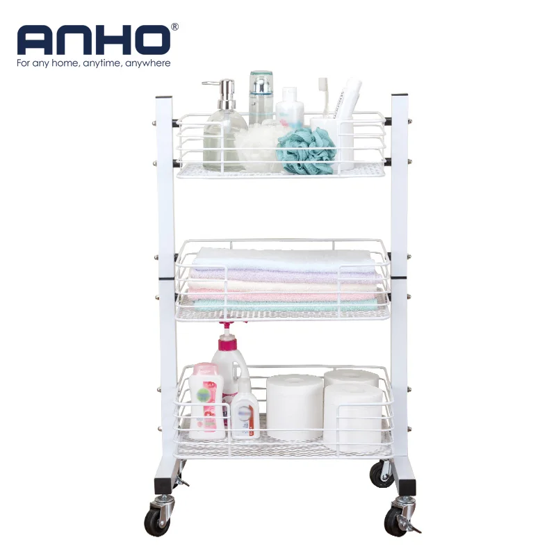 Rack utilitário de metal multifuncional de 3 camadas, carrinho de armazenamento de cozinha e banheiro com rodas, carrinho organizador de cozinha