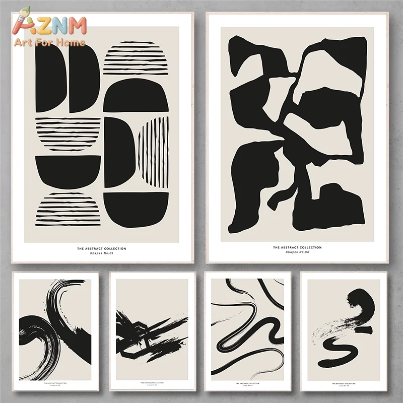 AZNM Modern Abstract Black Beige Geometric Brush Stroke Canvas Wall Art, Minimalist Single Unframed Canvas Print Poster for Livi